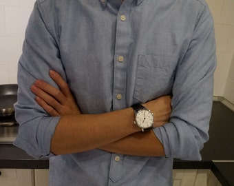 BuFan Handmade men's Casual long sleeve Blue Cotton Oxford Shirt