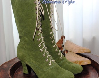 Victorian Boots , Khaki Victorian Booties , Olive Victorian boots , Edwardian Booties , suede Khaki leather Boots , Ankle lace up boots