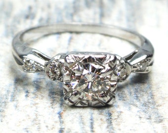 Vintage Diamond Engagement Ring 18k White Gold Diamond Ring Approx .40 CT Round Diamond Engagement Circa 1950 Vintage Engagement Ring
