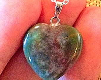 Sterling silver Natural Genuine INDIAN Agate HEART Pendant Necklace - Sterling Silver 18" Chain - Natural Stone Necklace - AGATE -