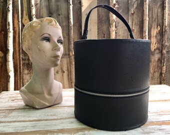 Vintage 60's wig hat box/ hat carry case/ all black hat and wig luggage case/ hat storage/ wig storage/ retro black case/ cylinder case