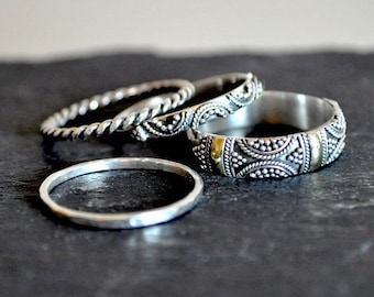 Brighton - Set of 4 intricate, detailed, solid silver stacking rings, boho, unique. 18k gold, Indonesian.