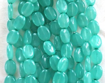 25 translucent Milky Turquoise Green flat oval Czech Glass beads, 12mm x 9mm pressed glass beads C6925