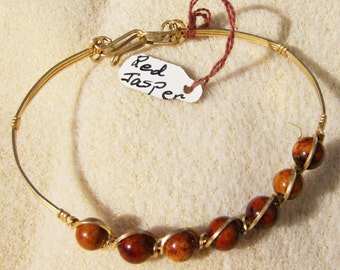 Red Jasper Bracelet - Handmade Gold Wire Wrapped Gemstone by JewelryArtistry - BR496