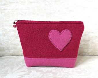 Heart Felt Zippered Pouch, Upcycled Felted Wool Sweater Clutch in Raspberry Red and Pink