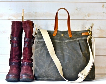 Waxed canvas bag, diaper bag , waxed canvas tote, messenger bag, waxed bag, dark khaki green, Leather straps, Men messenger, Vogue