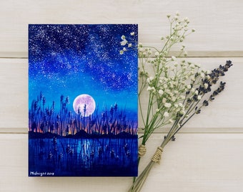 Small original acrylic navy blue painting night starry sky lake full moon view galaxy dreamy landscape vibrant artwork inspiring gift