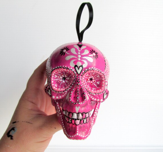 SKULL Hand Painted Skull Ornament Plastic shatterproof ornament Painted Skull sugar skull pink ornament upcycled repurposed