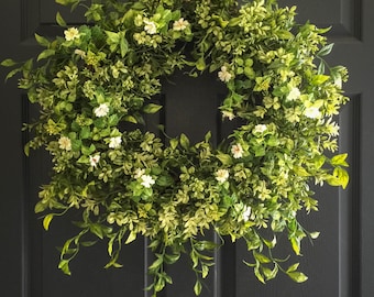 Boxwood Wreath with White Tea Leaf Flowers | Display Wreath Year Round | Farmhouse Wreath | Everyday Wreath | Front Door Wreaths