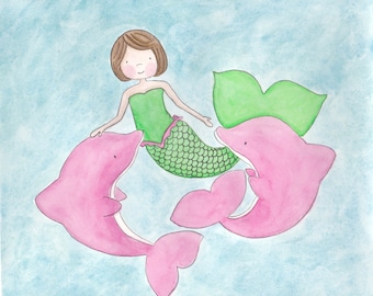Mermaid and Dolphin Friends - 8X10 Print