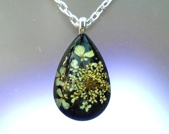 Real Queen Annes Lace Pressed Flower Tear Drop Black Necklace