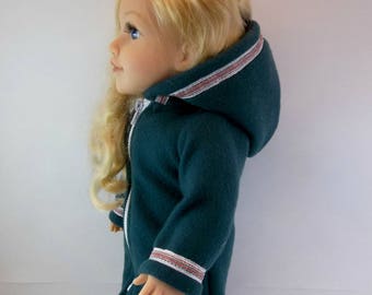 18 inch Doll Coat fits American Girl Doll Dark Green Hooded 3/4 length Winter Jacket White Red & Silver Plaid Ribbon Trim Toys Girl