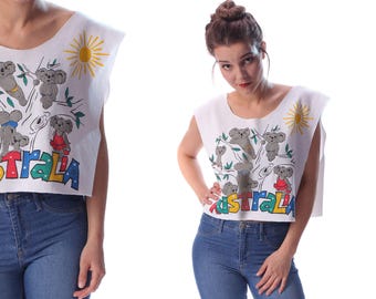 Koala Bear T-Shirt 80s Animal Printed Koala Bear Forest Cotton Crop Tee Cut Off 1980s White Blue Grey Cropped Tshirt Low Armhole Large