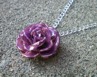 Free Shipping REAL Small Purple TEA ROSE Adjustable 18 inch Sterling Silver Chain Necklace