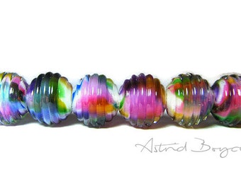 Rainbow Ribbed Rounds - Artisan Lampwork Glass Bead Set for Jewelry Creations by Jewelry Designers - Self Representing Artist - SRA - B195