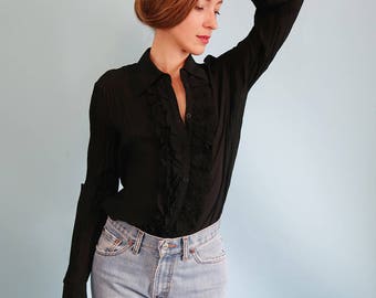 Vintage Black Pleated Blouse with Ruffles!