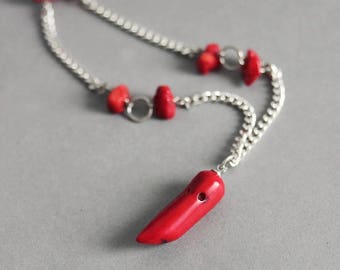 Red Coral Horn Necklace Red Coral Neckace Silver Coral Necklace Horn Necklace Red Gemstone Jewelry Red Coral Jewelry Red Stone Necklace Red