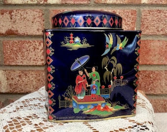 Daher Designer Tin Box Container Asian Oriental Motif Dark Blue Made in England