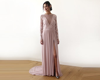 Sheer party dress, Long sleeves chiffon dress, Dusty rose dress with train, pattern style gown, 1186
