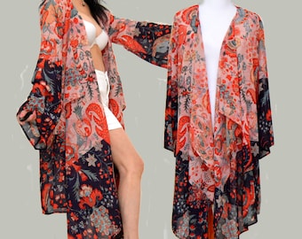Unique kimono, must have kimono, Divas kimono, red-brown floral robe, Asymmetrical duster, funky floral jacket, chic style kimono, lady robe