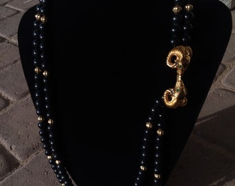 KJL KENNETH LANE For Avon Double Ram Head Black Beaded Necklace