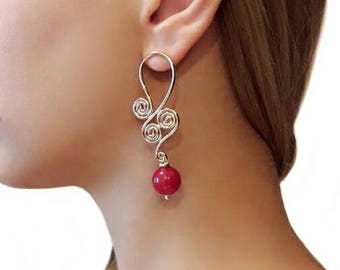 Red earrings, ruby earrings, rose gold earrings, wire earrings, jewelry gift for girlfriend, Mothers day gift for wife, statement earrings