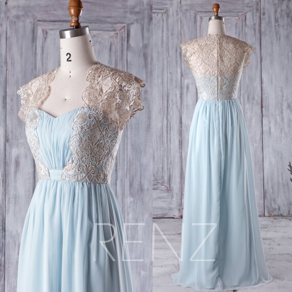 Bridesmaid Dress Light Blue Chiffon Gold Lace Wedding Dress