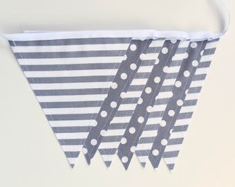 Fabric Bunting Garland Banner - Gray/White - Double-Sided - Modern Bedroom/Nursery/Wedding/Party Décor