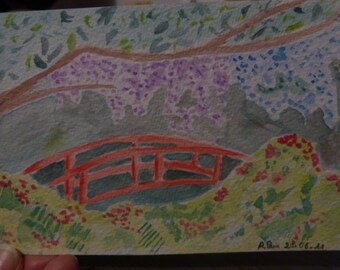 Watercolor bridge under the Wisteria