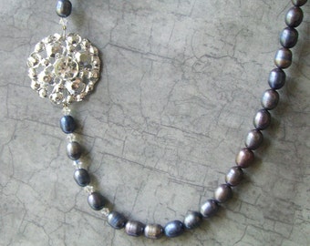 SALE Midnight Blue Vintage button and Pearl Necklace