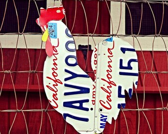Upcycled California License Plate Chicken Rooster Wall/Coop Art