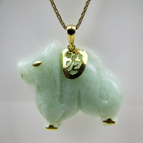 14K Gold Carved Jade Dragon Pendant. Hong Kong Hand Carved