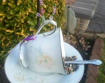Teacup Bird Feeder / Garden Art - Demitass Spoon Perch - Noritake Murmur Pattern
