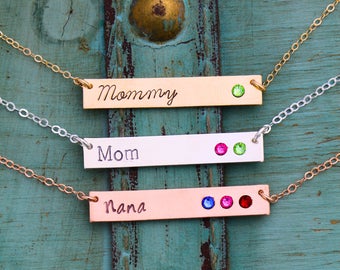 Mother Gift Mom Necklace Birthstone Bar • Name Custom Nameplate Necklace Mother's Day Gift • Kid Birthstone Jewelry Name Mom Birthday BS_18
