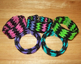 Rainbow Loom All Around Cuff Rubber Band Bracelet - Triple Single Fancy Fishtail - Black with 3 Different Color Choices
