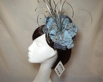 Blue fascinator, silver fascinator, aqua hat, flower headband, wedding hat.