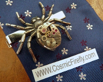 Steampunk Tie Clip Steampunk Spider Tie Clip Vintage Watch Movement Silver Tie Bar Gothic Victorian Men's Tie Clip Gifts For Him