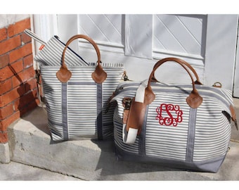 Monogram Weekender Bag With Grey Stripes| Monogrammed Overnight Dufflel| Personalized Canvas Duffel Bag| Monogrammed Luggage| Monogram Tote