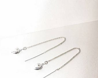 Dangle Earrings, Silver Thread Earrings, Silver Drop Earrings, Sterling Silver Heart Thread Earrings, Heart Earrings