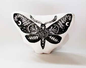 Moth Shaped Animal Pillow. Moth Plushie. Hand Woodblock Printed. Choose Any Color. Made to Order.