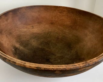 Antique 17” Slightly Out of Round Primitive Treenware Wood Dough Bowl