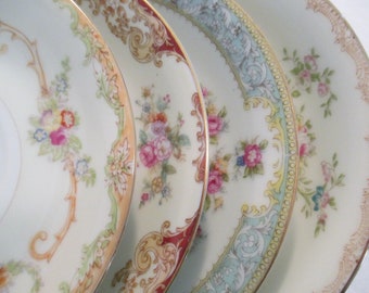 Vintage Mismatched China Saucers, Bridal Shower, Wedding, Tea Party, Tea Plates, Luncheon - Set of 4
