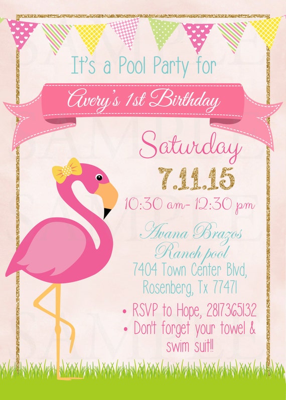 Pink Flamingo Pool Party Birthday Invitation Printable File