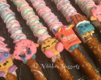 12 SHOPKINS chocolate dipped and decorated Pretzel Rods