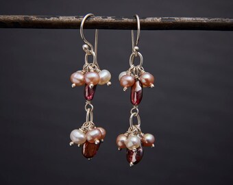 Garnet Earrings, Pearl Earrings, Cluster Drop Earrings, Garnet and Freshwater Pearl Cluster Drop Earrings