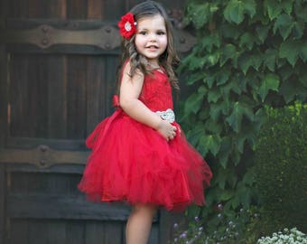 Red flower girl dress, Flower girl dresses, flower girl dress lace, rustic flower girl dress, Red Christmas dress, baby dress, tulle dress