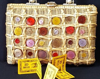 Basket Purse, Box Purse, Vintage Buttons, Novelty Purse, Rattan Handbag, Gift for Her
