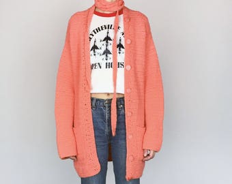 1960s Hand-Knit Salmon Cardigan / 1970s Pink Long Belted Sweater (S/M)