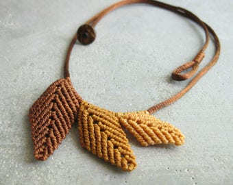 Autumn Leaf Necklace . Micro Macrame Jewelry . Earth Tones Natural Woodland Boho Hippie Chic . Metal Free . by raiz