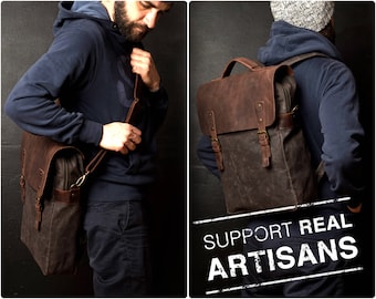 Waxed Canvas Backpack, Canvas Bag, Leather Backpack, Travel Backpack, Wax Backpack, Backpack with strap, Men Backpack, Waterproof Backpack